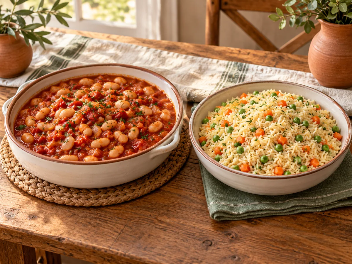 Haricots à la tomate et riz pilaf