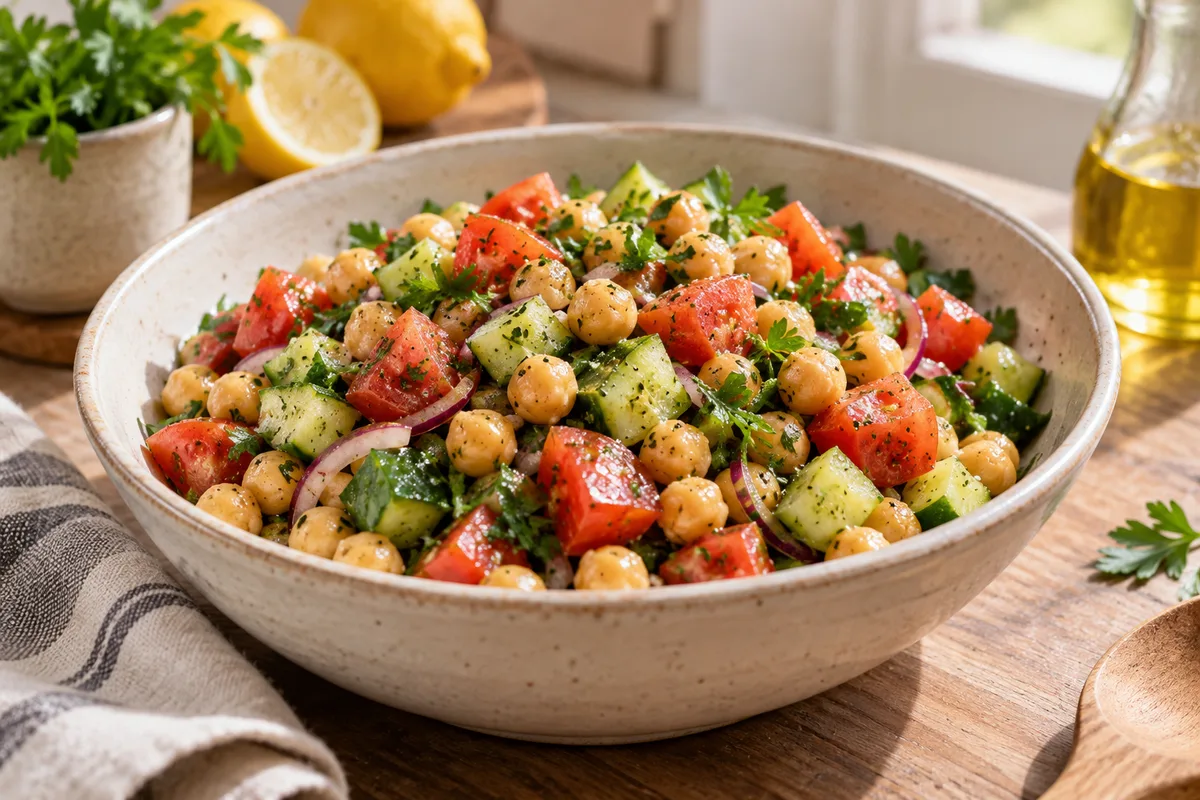 Salade de pois chiches, tomates et concombre
