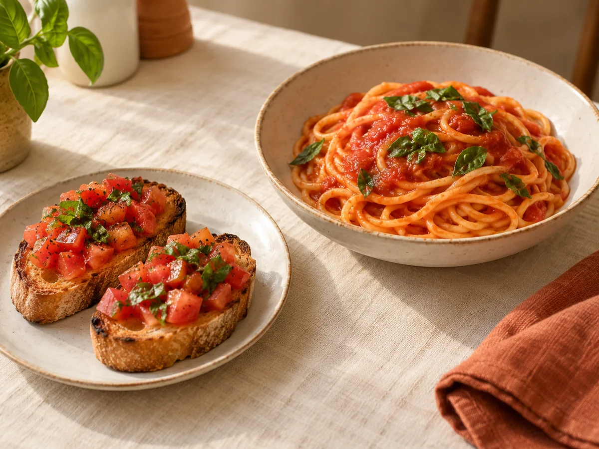 Tomate et basilic : bruschetta et pâtes