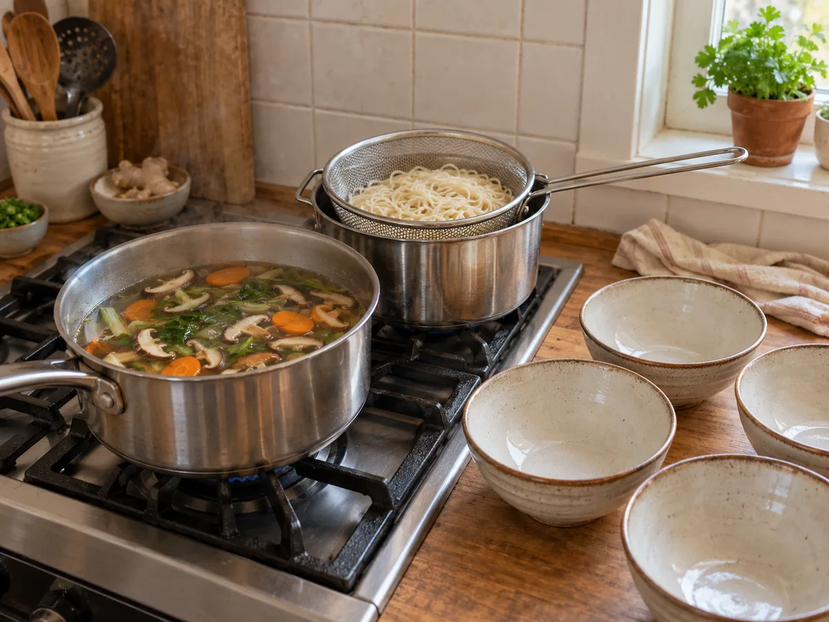 Coordonner bouillon, légumes et nouilles